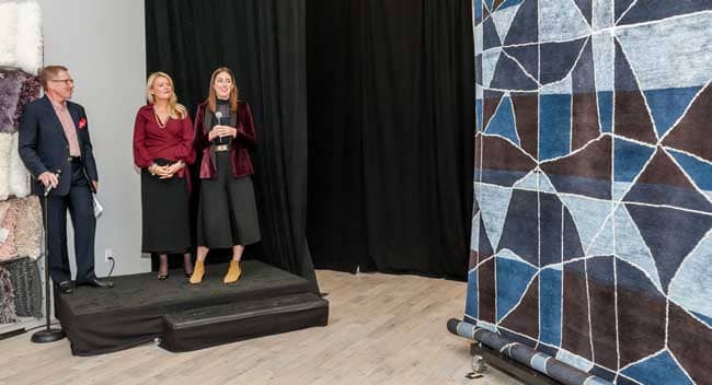 Each of the five interior design talents – Kim Scodro, Scot Meacham Wood, Woodson and Rummerfield, Catherine and Justine Macfee, and Shay Geyer, previewed a selection of rug designs. 