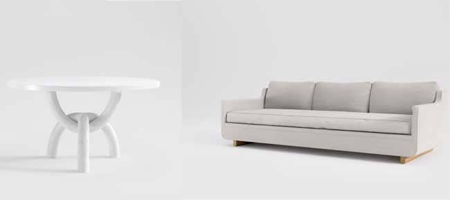 Pictured above is the Tangle Table (left) and the Capitane Sofa (right).