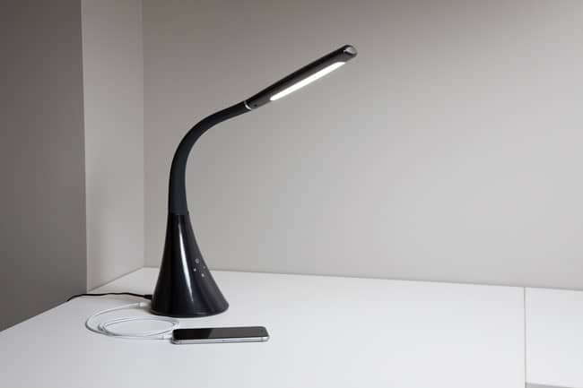 Pictured above is the OFM LED Desk Lamp with integrated On/Off switch and USB charging port.