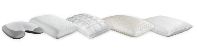 The Fabrictech Pillow Collection: Pictured left to right: Sculpted Memory Foam Puff Pillow, Cooling Memory Foam Pillow, SoftCell&#174; Lite Pillow, Bamboo Memory Foam Puff Pillow, and Cooling Memory Fiber Pillow.