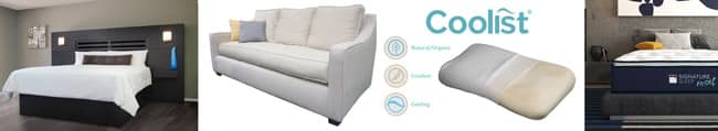Pictured above from left to right: Sleep Research AURIA, TFS Organic sofa, Coolist pillow, and Signature Sleep Reset.