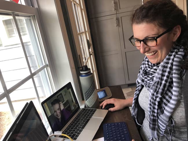 Beth Giguere from Lisa Scheff Designs participates in a digital meeting from home.