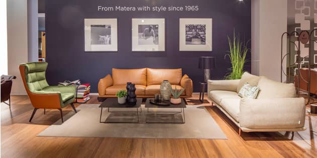 The Casa Italia showroom in High Point showcased the Dragees sofa in semi-aniline leather and boucle, and the Jacob chair in velvet and full-aniline. 