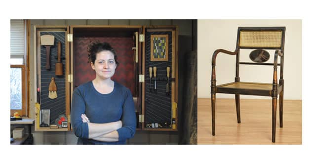 Sophie Glenn, 2022 recipient of the John D. Mineck Fellowship, and her recent Regency-style chair, &quot;Gorgeous George&quot;.